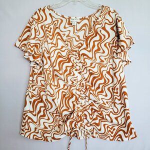 Ava & Viv Women's Top Plus 1X Abstract Rust Swirl Flutter Sleeve Boho Gauzy Tie